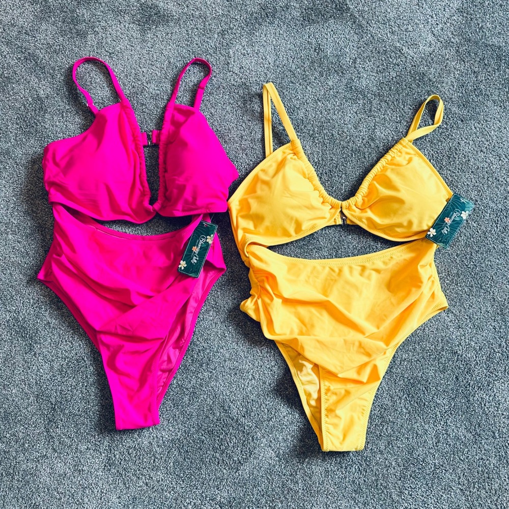 Blooming Jelly Womens Cutout One Piece Swimsuit Set Pink Yellow High Waist XL